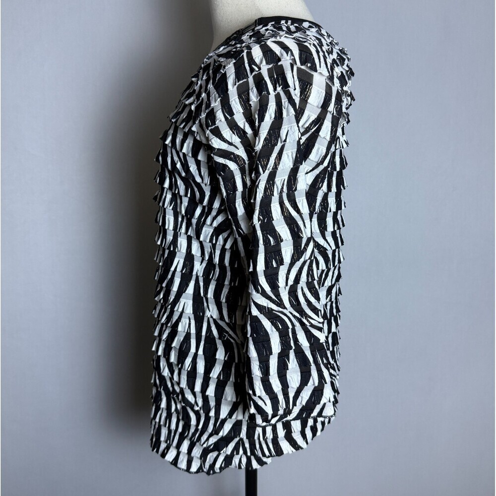 Investments Women's Ruffle Zebra Print Blouse Sz L Black White Gold 3/4 Sleeves - Picture 9 of 14